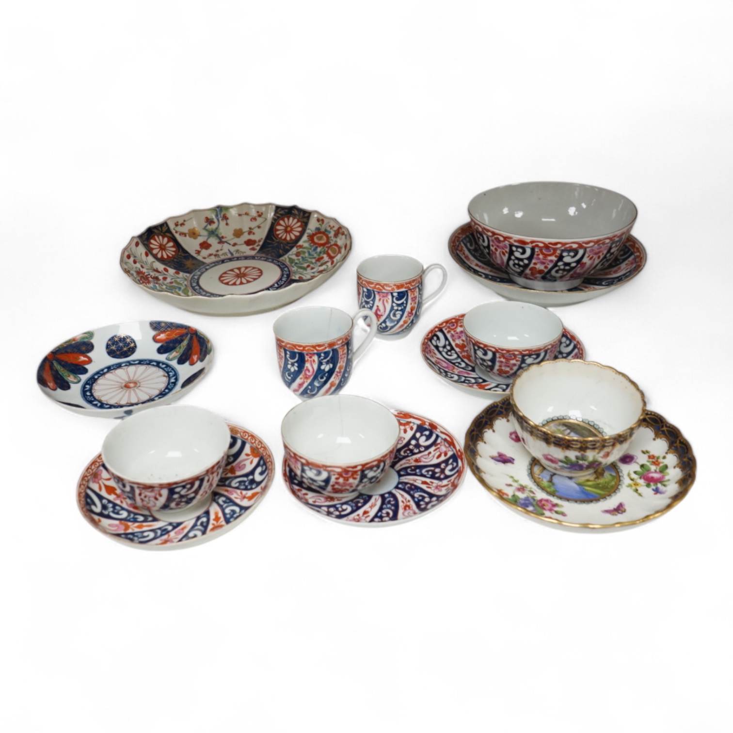 A Worcester Lord Henry Thynne type fluted tea bowl and saucer, c.1780, a group of Worcester Queen Charlotte pattern tea and coffee wares, c.1790-1810, two Worcester Kakiemon style dishes, largest 21cm in diameter